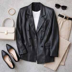 BLANKNYC Black Faux Leather Double Breasted Blazer Jacket Sz L Pockets Business